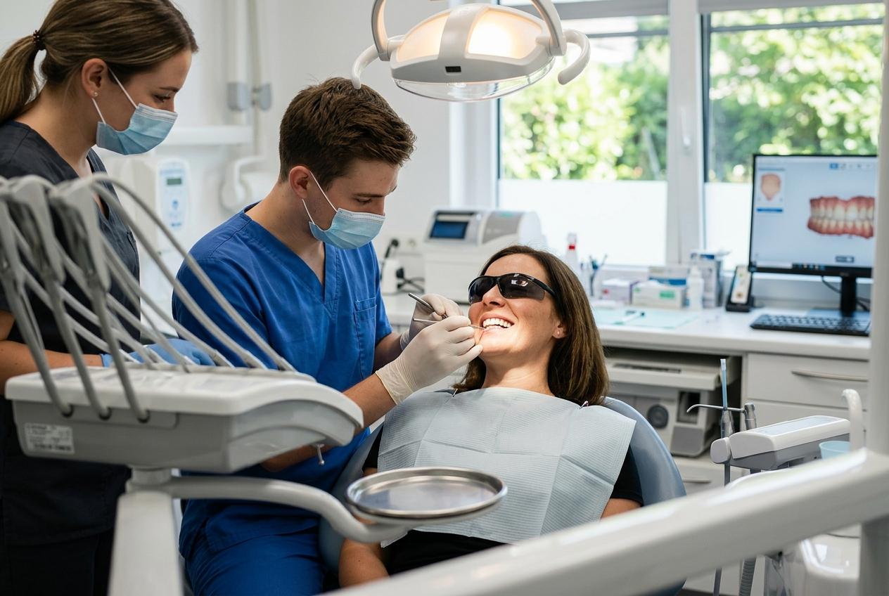 Dentist examines a smiling woman wearing protective sunglasses in a dental chair, assisted by a hygienist, in a dental clinic.