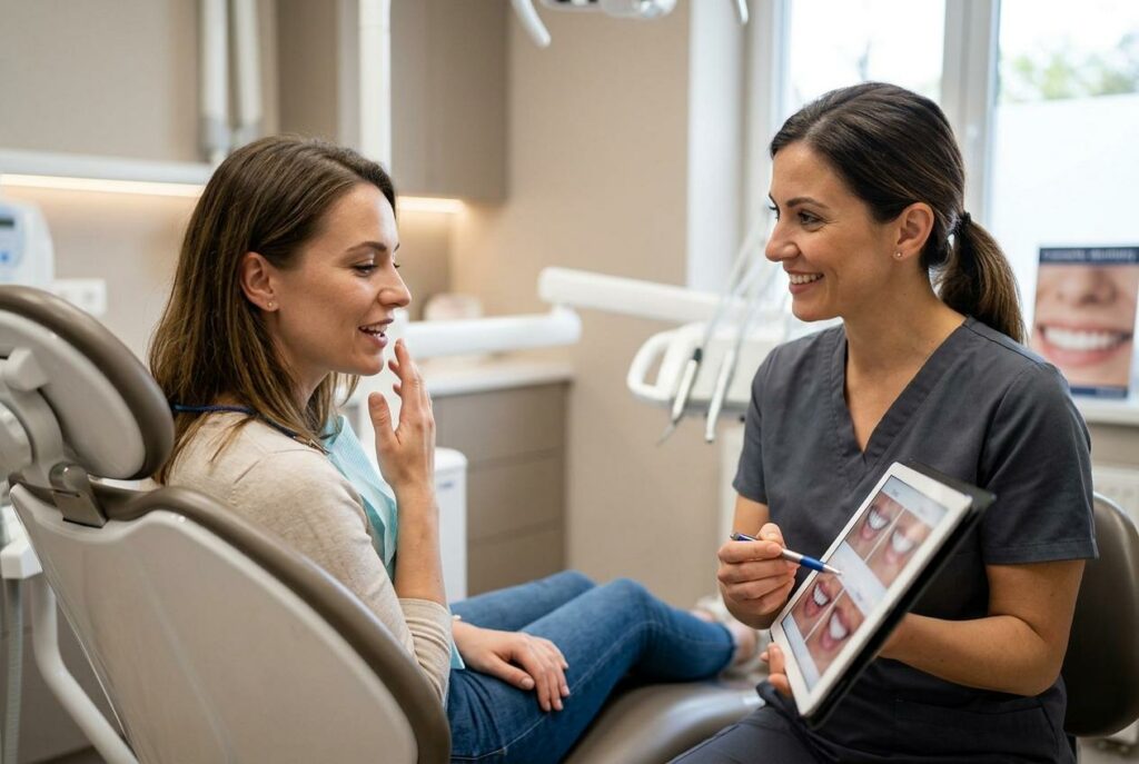 Dentist smiling and showing a tablet with dental images to a patient seated in a dental chair, both engaged in conversation.