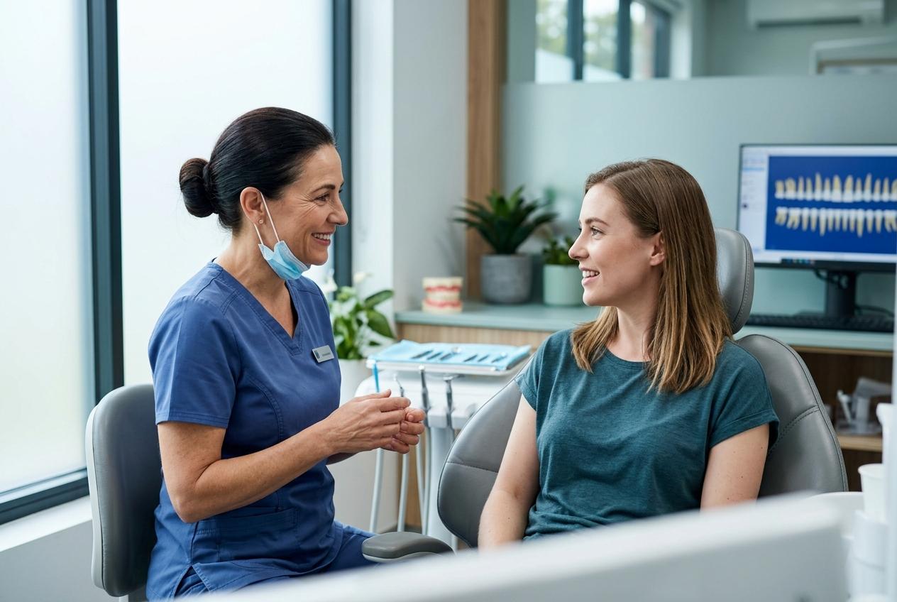 Dentist smiling and talking with a patient seated in a dental chair during a consultation in a dental clinic.