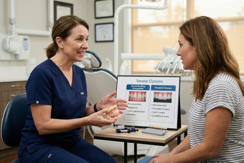 Dentist smiling, holding a tooth model and explaining veneer options to a patient in a dental clinic, with a Veneer Options chart on the table.