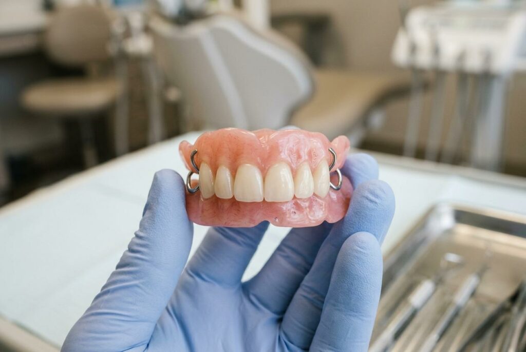 Gloved hand holding a pink and white denture with metal clasps in a dental treatment room.