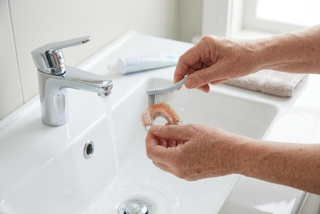 Hands cleaning a partial denture with a brush over a white sink with running water.