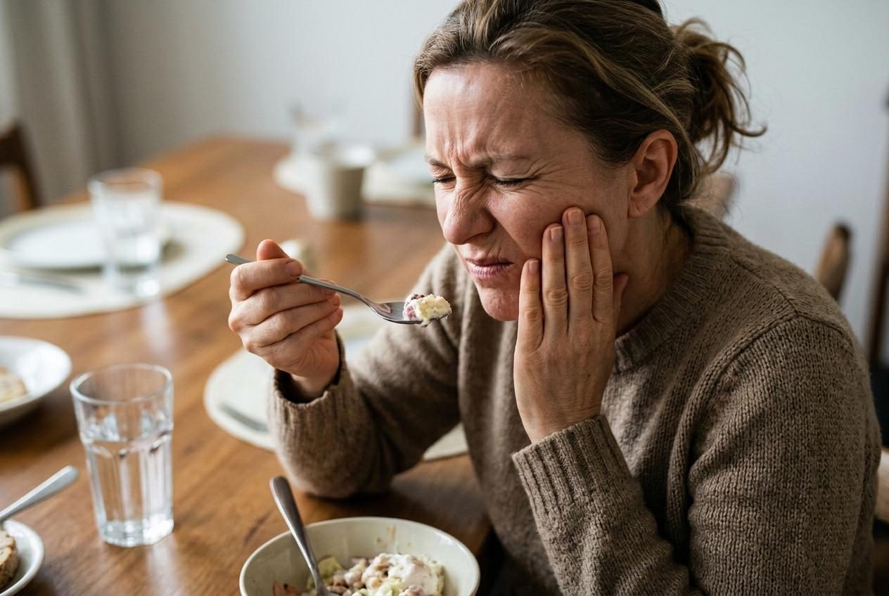 Woman at a dining table holding a fork of food, wincing and pressing a hand to her cheek.