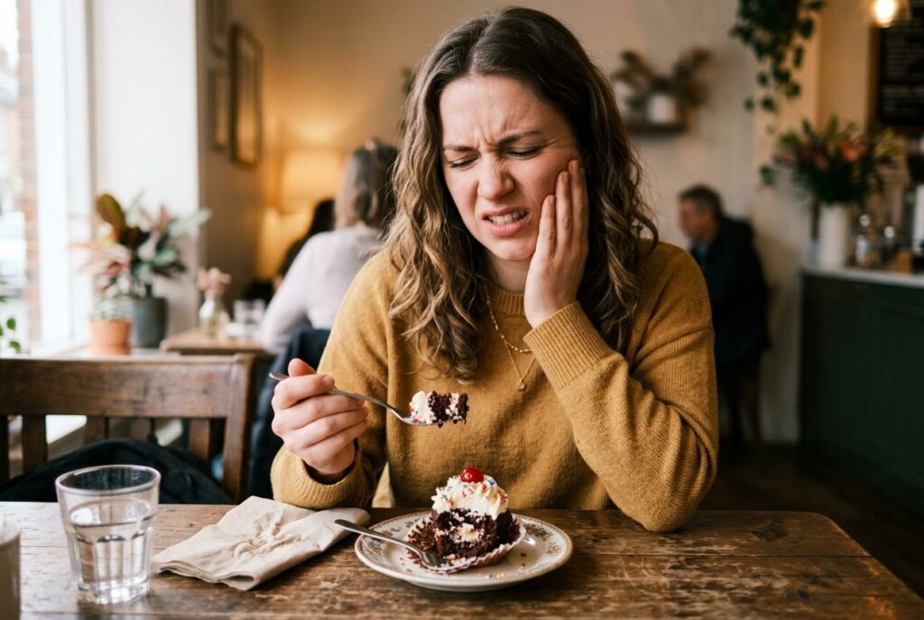 Woman in a café holding her cheek with a pained expression while eating a chocolate cupcake with a fork.